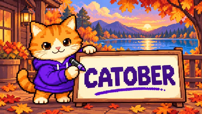 Pixel art illustration of an orange cat in a purple hoodie holding a marker, standing next to a sign reading 'CATOBER' against an autumn lake sunset background.