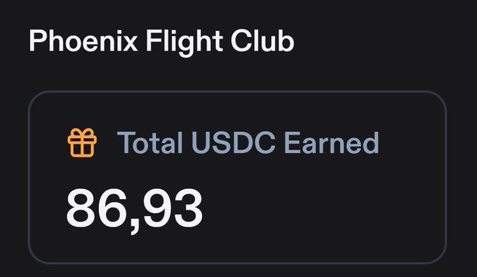 A dark screen displaying the text 'Phoenix Flight Club' and 'Total USDC Earned' with a gift icon and the value '86,93'.