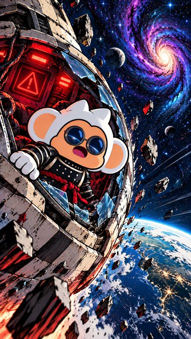A vibrant digital illustration depicts a cartoon monkey character in a spacesuit with sunglasses emerging from a spaceship window, set against a colorful galaxy and Earth below.