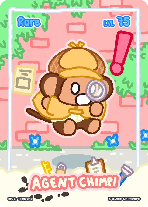 A digital trading card features a cartoon monkey character dressed as Sherlock Holmes, titled "AGENT CHIMRI" with "Rare" and "LVL 75" labels.