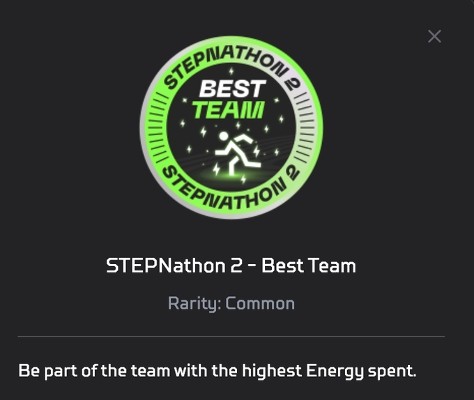 Digital achievement badge for 'STEPNathon 2 - Best Team' with rarity marked as Common, described as 'Be part of the team with the highest Energy spent.'