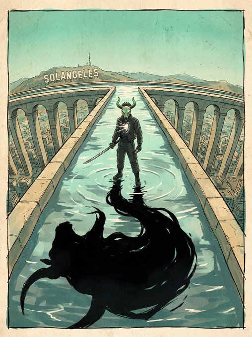 A horned warrior with a glowing emblem on his chest stands atop an aqueduct, gripping a sword as a massive dark shadow stretches across the water below toward "SOLANGELES" etched into the hillside.

The image evokes the "SOLANGELES x $ANSEM // 23" collection, blending surreal, mythological imagery with the iconic city branding.