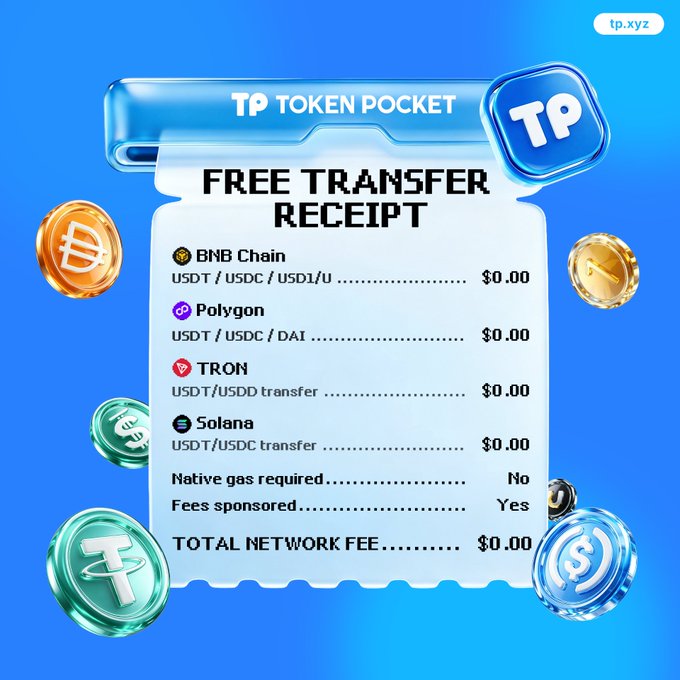 A promotional graphic from Token Pocket (tp.xyz) advertising a 'FREE TRANSFER RECEIPT' for USDT/USDC transfers across BNB Chain, Polygon, TRON, and Solana with sponsored fees and $0.00 total network fee.