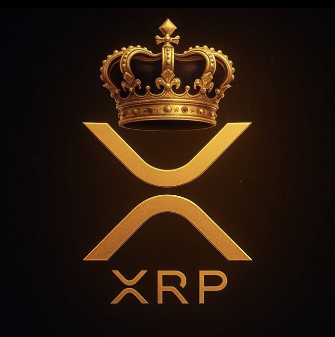 A golden XRP cryptocurrency logo featuring an 'X' symbol topped with an ornate royal crown against a dark background.