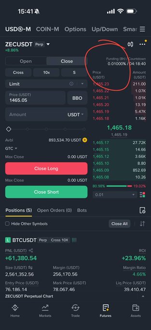 A mobile trading app screenshot showing ZECUSDT and BTCUSDT perpetual futures positions, with a red circle highlighting the funding rate countdown and current funding rate information.