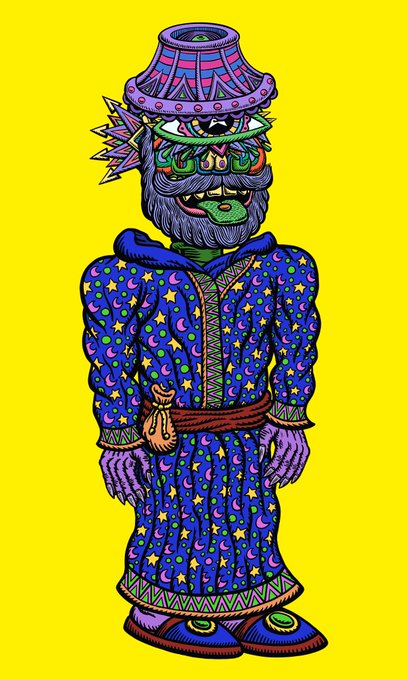 A colorful psychedelic illustration of a wizard-like figure with a purple beard, ornate hat, and a star-patterned blue robe standing against a bright yellow background.