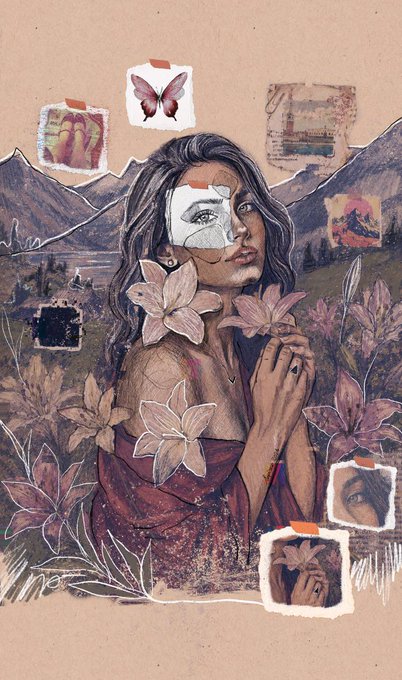 The image shows an illustrated portrait of a woman with long dark hair holding pink flowers, her face partially obscured by a torn paper overlay revealing one eye, set against a mountainous landscape and surrounded by collage elements including butterflies, a lilac painting, and a red Mt. Fuji-style stamp. It depicts the artwork "Wabi-Sabi" (侘寂), edition 1/10, being sold for 20 $XTZ on OBJKT, with the muted, weathered aesthetic and torn-paper elements of the illustration reflecting the Japanese concept of finding beauty in imperfection and impermanence.