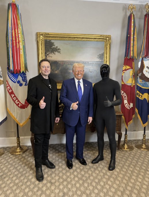Elon Musk and Donald Trump pose with thumbs up in front of a classical landscape painting and military flags, joined by a person in a full black bodysuit. The image reflects the post's optimistic message about an abundant future, with the futuristic figure symbolizing technological advancement alongside the two prominent figures.