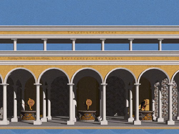 A digital illustration of an ancient Greek-style colonnade with white columns and yellow accents featuring Greek inscriptions and decorative shields.