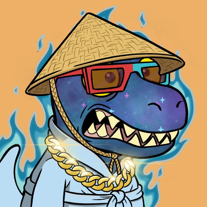 An illustration of a blue reptilian character wearing a straw hat, red and cyan 3D-style glasses, a gold chain, and a light blue robe surrounded by blue flames.
