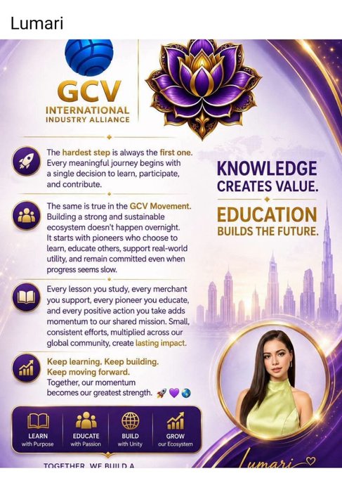 A promotional graphic from 'Lumari' for the GCV International Industry Alliance, featuring the tagline 'KNOWLEDGE CREATES VALUE. EDUCATION BUILDS THE FUTURE' alongside a photo of a woman and icons representing learning, educating, building, and growing.