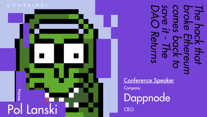 A conference speaker card for Pol Lanski, CEO of Dappnode, featuring pixel art of a hooded figure and the text 'The hack that broke Ethereum comes back to save it - The DAO Returns' on a purple background.