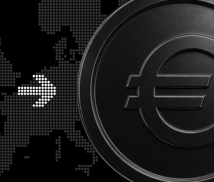 A close-up of a black Euro (€) coin against a pixelated dark background with a white arrow highlights the OKX EU deposit campaign's offer of an 8% bonus with no trading requirement, emphasizing the euro-denominated deposits and payouts of up to €5,000 over 12 months.