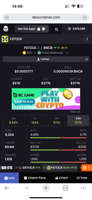 A mobile screenshot from dexscreener.com showing the FSTOCK token paired with BNB on PancakeSwap, priced at $0.0003777 with a market cap of $377K and an advertisement for "BC.GAME."