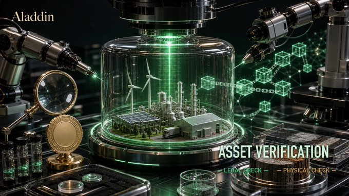 A digital illustration by 'Aladdin' showing robotic arms analyzing renewable energy assets (wind turbines, solar panels) in a glass dome with green laser light, labeled 'ASSET VERIFICATION — LEGAL CHECK — PHYSICAL CHECK'.