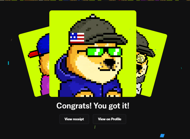A pixel-art style digital collectible showing a dog character wearing an American flag cap, green sunglasses, and a blue hoodie, with text reading 'Congrats! You got it!' and buttons for 'View receipt' and 'View on Profile'.