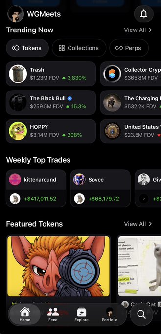 A screenshot of the WGMeets app showing a 'Trending Now' section with tokens like 'Trash' (3,830%), 'The Black Bull' (15.3%), and 'HOPPY' (208%), along with 'Weekly Top Trades' and 'Featured Tokens' sections.