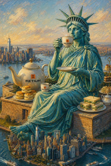 An artistic illustration depicting the Statue of Liberty having tea with a teapot and plates of sandwiches (with 'RETIUM' branding), set against a New York City skyline background.
