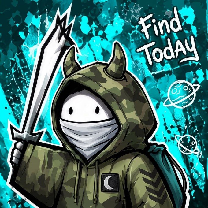 An illustrated character wearing a camouflage hoodie with horns, a white face mask, and holding a large sword, set against a teal splatter background with the text 'Find Today' and small planet doodles.