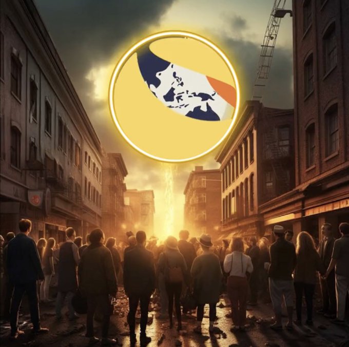 A cinematic scene shows a crowd of people watching a glowing golden emblem with a flag design rise in the sky over a city street at sunset.