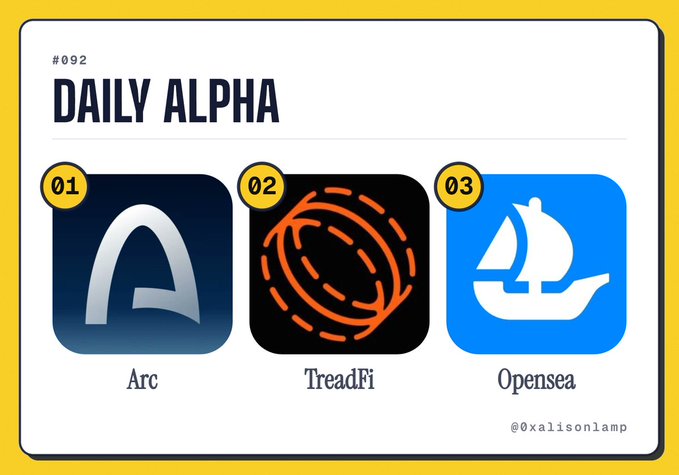 A graphic titled '#092 DAILY ALPHA' by '@0xalisonlamp' featuring three app icons labeled '01 Arc', '02 TreadFi', and '03 Opensea'.