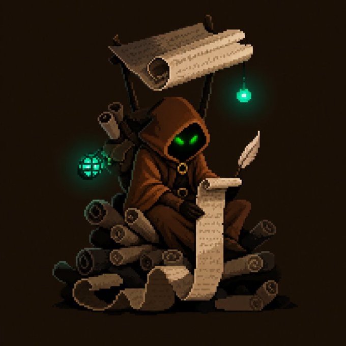 A pixel art character wearing a brown hooded cloak with glowing green eyes sits writing on a scroll, surrounded by additional scrolls, a quill, and glowing green orb-like lanterns.