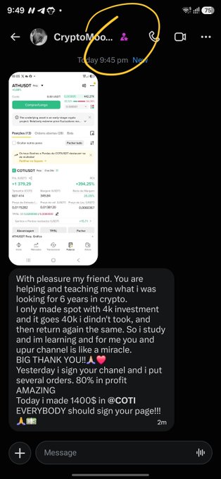 A Telegram message from "CryptoMoo..." shows a user thanking the page after making several profitable trades—including 80% on AMAzing and a 1400$ profit on COTI—alongside a screenshot of an ATH/USDT long position. The exchange reflects the post's theme of helping followers succeed, as the user's glowing testimonial reinforces the channel's focus on delivering winning trade setups that generate real profits.
