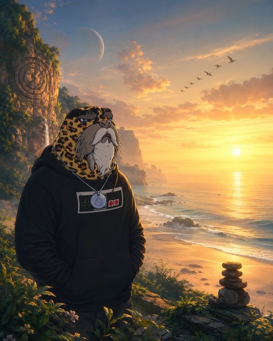 An artistic image of a character wearing a leopard-print hood and a black hoodie, standing on a cliff overlooking a sunset over the ocean with birds flying in the distance.