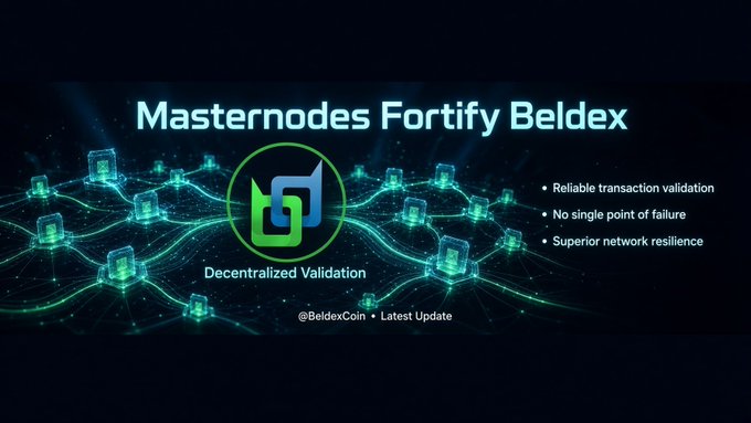 Promotional graphic for Beldex cryptocurrency titled 'Masternodes Fortify Beldex,' highlighting decentralized validation with features like reliable transaction validation, no single point of failure, and superior network resilience.