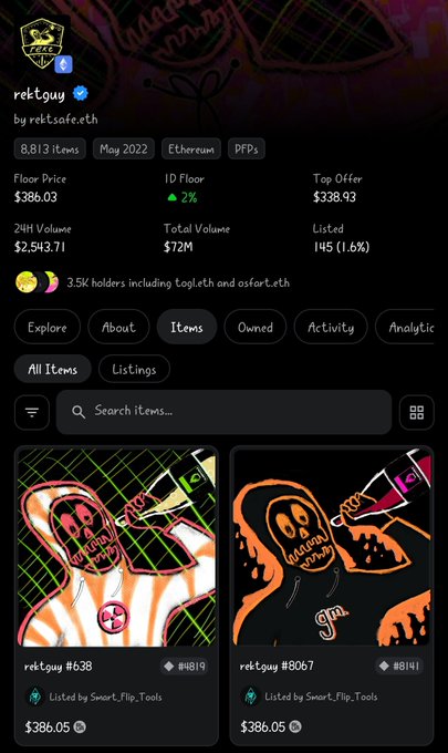 The image shows an OpenSea listing page for the Rektguy NFT collection, displaying 8,813 items with a floor price of $386.03, 24-hour volume of $2,543.71, and 3.5K holders including notable figures like log.eth and osfar.eth. The page features two orange rektguy NFT listings (#1819 and #8141), supporting the post about becoming a new Rektguy holder and researching the collection's story.