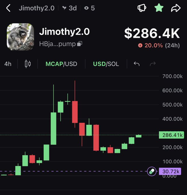A cryptocurrency trading chart for the token "Jimothy2.0" showing a market cap of $286.4K, with the price displayed in USD and a candlestick chart indicating a 20% increase over 24 hours.