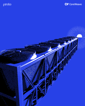 A 3D render shows a long, industrial cooling unit with multiple fans against a solid blue background, branded as 'proto' and 'ConeWave.'