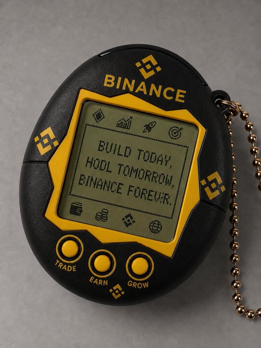 A black and yellow Tamagotchi-style keychain device branded with the 'BINANCE' logo, displaying the text 'BUILD TODAY, HODL TOMORROW, BINANCE FOREVER.' on its screen.