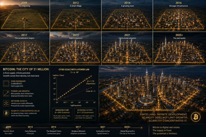 This image illustrates Bitcoin's growth from 2009-2025+ as a city, with a central infographic explaining "Bitcoin: The City of 21 Million" and "Cities Scale with a Power Law." The accompanying post discusses Bitcoin's current market price in relation to its historical performance and future growth potential.