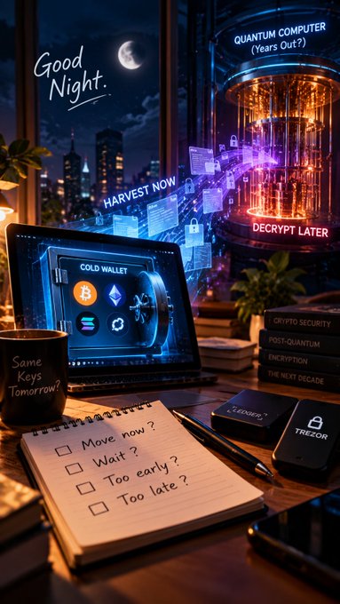 A cozy nighttime desk scene features a laptop displaying 'COLD WALLET' next to a glowing 'QUANTUM COMPUTER (Years Out?)' with text overlays like 'Good Night', 'HARVEST NOW', and 'DECRYPT LATER', along with a notepad listing options like 'Move now?' and 'Too late?'.