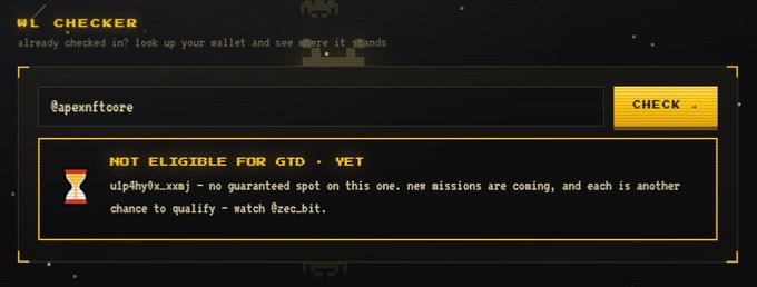 A WL CHECKER tool displays the wallet @apexnftcore with a 'NOT ELIGIBLE FOR GTD - YET' message for the address u1p4hy0x_wxmj, with instructions to complete missions and watch @zec.bit.