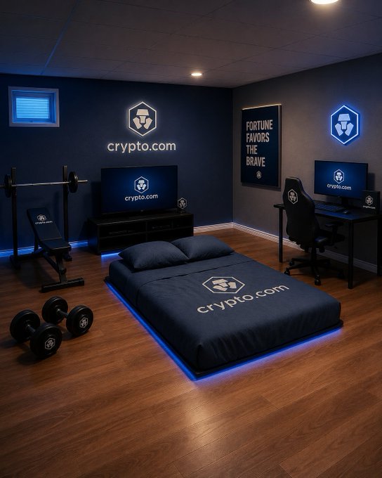 A dark bedroom featuring Crypto.com branding throughout—including a glowing logo above a TV, a "FORTUNE FAVORS THE BRAVE" poster, and the logo on the bedding, while also serving as a workout area with a weight bench, dumbbells, barbell rack, and gaming PC setup, fitting the "GM. Rate this set up" post as a multi-purpose, sponsor-heavy personal space.