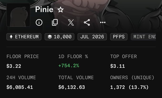 A screenshot of an NFT collection dashboard for "Pinie" shows a floor price of $3.22 with a dramatic +754.2% 1D increase, 24H volume of $6,085.41, and 1,372 unique owners, highlighting the collection's sudden surge in activity that aligns with the post's comment about its "NPC vibe."