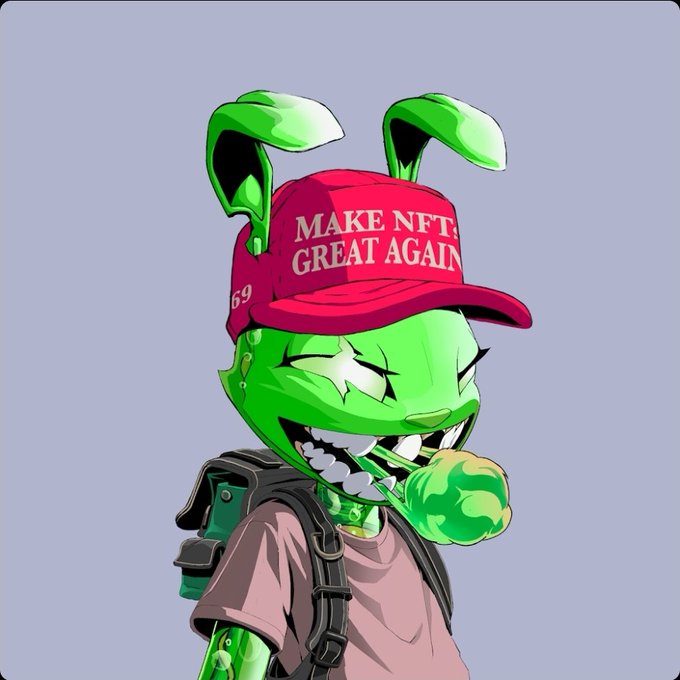 An illustration of a green cartoon rabbit with sharp teeth wearing a red 'MAKE NFTs GREAT AGAIN' cap and a backpack, with '69' displayed on the side of the hat.