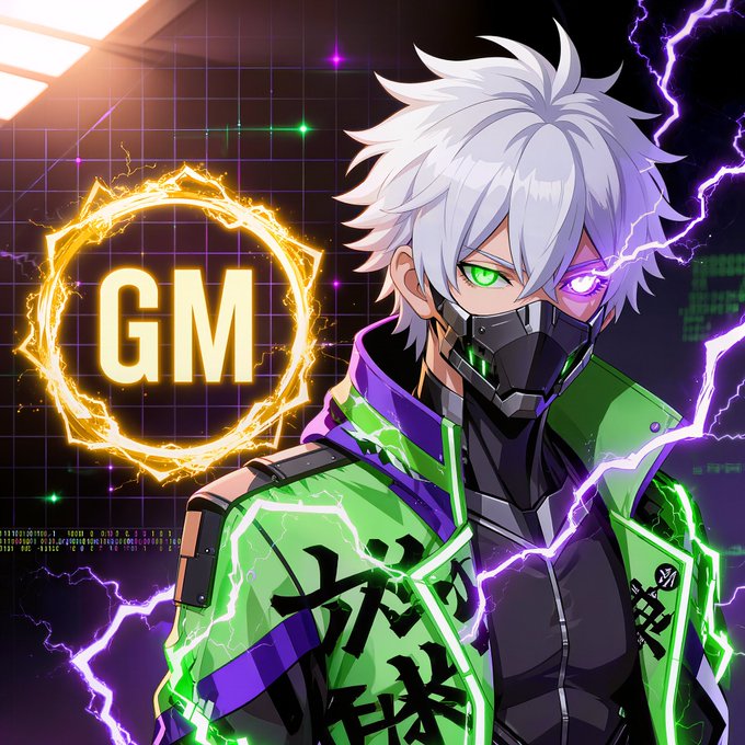 Anime-style illustration of a white-haired character with a mask and green jacket, surrounded by purple lightning, with 'GM' displayed in a glowing circle.
