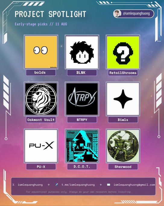 A 'Project Spotlight' graphic from @iamlequanghuong dated 11 AUG showcasing nine early-stage crypto projects in a 3x3 grid, including 'bolds', 'BLNK', 'RetailShrooms', 'Oakmont Vault', 'NTRPY', 'Bimls', 'PU-X', 'D.C.O.T.', and 'Sherwood'.