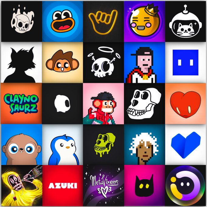 A grid of 25 NFT or digital art icons featuring various stylized designs including skulls, animals, characters, and logos like 'CLAYNOSAURZ', 'AZUKI', and 'Metalixens'.