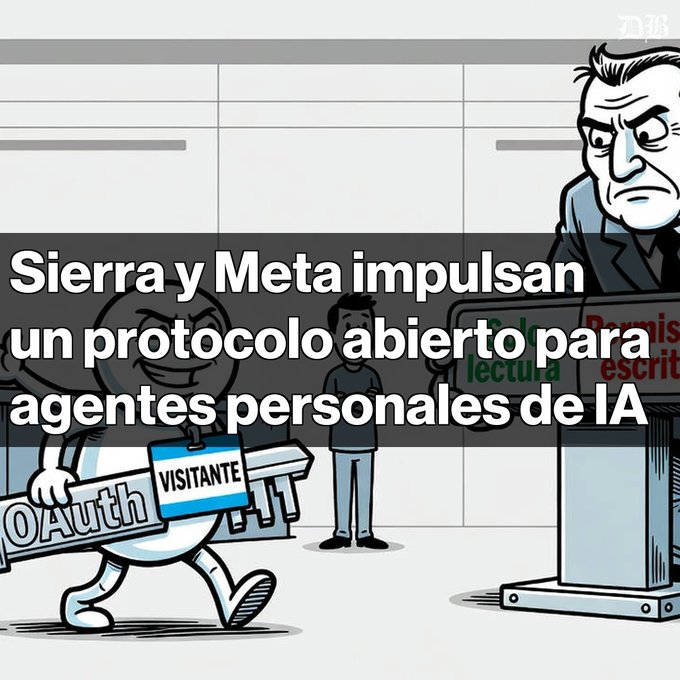 An illustrated graphic with the Spanish text 'Sierra y Meta impulsan un protocolo abierto para agentes personales de IA', featuring cartoon characters labeled 'OAuth' and 'VISITANTE' next to an angry man.