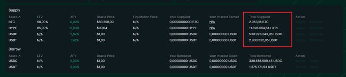 A crypto DeFi dashboard displaying Supply and Borrow LTVs, APYs, oracle prices, and Total Supplied amounts for assets including BTC, HYPE, USDC, and USDT, with a red rectangle highlighting BTC values like '2,053.32 BTC' and '11,628.04,64.44 HYPE'.