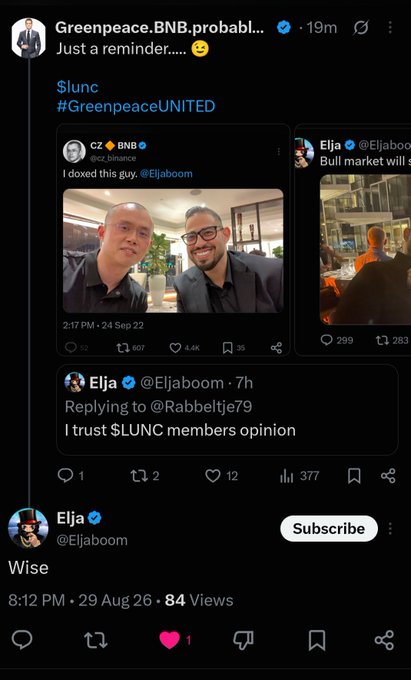 Tweet screenshot showing @Greenpeace.BNB highlighting that CZ's close friend @Eljaboom replied to Greenpeace saying "I trust $LUNC members opinion," tagging #GreenpeaceUNITED and $LUNC, while the reply from "Elja" appears at the bottom.