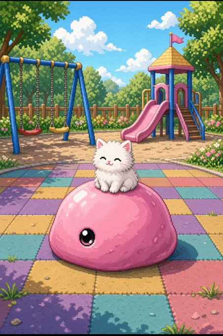 A colorful illustration of a cute white kitten sitting on top of a large pink blob-like creature with one eye in a vibrant playground setting featuring swings and a slide.