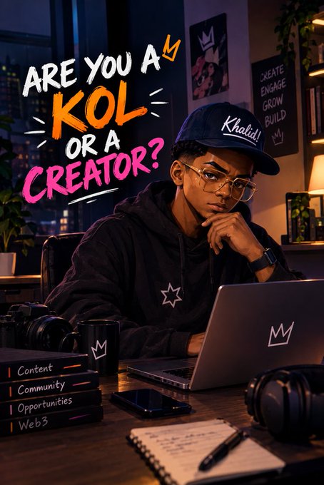 A stylized illustration of a young man wearing glasses and a 'Khalid' cap working on a laptop, accompanied by the text 'ARE YOU A KOL OR A CREATOR?' and tags for Content, Community, Opportunities, and Web3.
