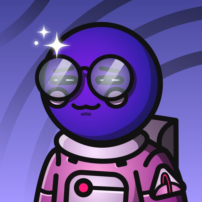 A cartoon purple astronaut wearing glasses stares intently with half-closed eyes and a slight smirk, with sparkles glinting off the lenses, embodying a deeply focused and contemplative "locked in" mindset.