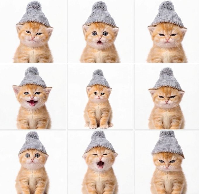 A 3x3 grid showing nine different facial expressions of an orange tabby kitten wearing a small grey knit beanie against a white background.