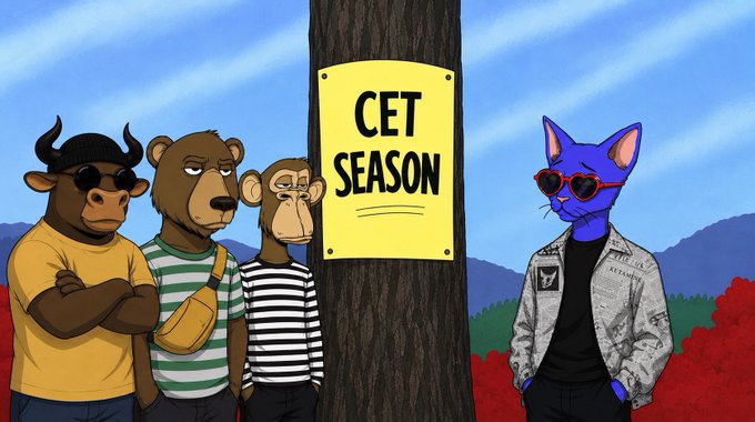 A cartoon image shows a bull, bear, and ape on one side of a tree, facing a cat in sunglasses and a denim jacket on the other, with a yellow sign reading "CET SEASON" nailed to the tree between them—visually representing the "CET SZN" post as a standoff between bearish and bullish characters during a Crypto-Enabled Terminal season.